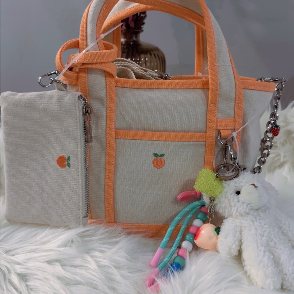 Orange Trim Tote Bag with Bear Charm